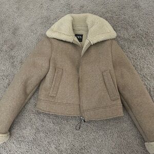 Zara Women's Brown Teddy Jacket with Cream Collar